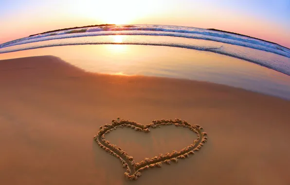 Картинка love, sea, heart, sunset, water, sand