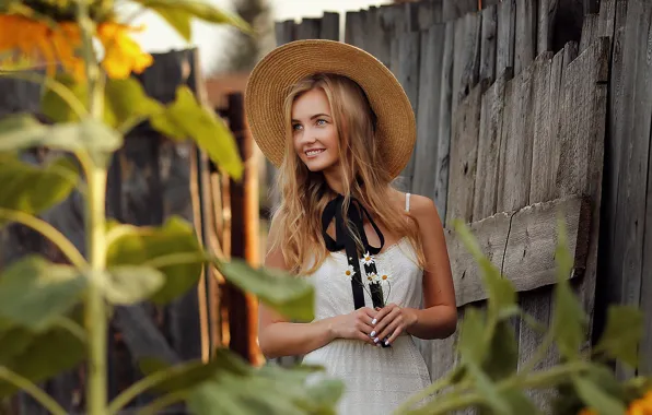 Картинка dress, hat, flowers, model, fence, women, blonde, white dress, straw hat, women outdoors, Dmitry Arhar, …