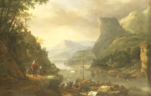 Картинка пейзаж, масло, картина, холст, Герман Сафтлевен, Herman Saftleven, 1685, Вид на Реку в Горном Районе
