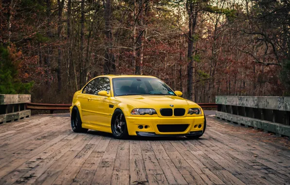 Картинка BMW, Yellow, E46, M3, Wooden bridge