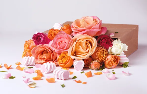 Картинка цветы, коробка, розы, лепестки, бутоны