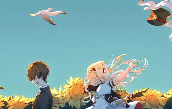 Картинка небо, чайки, мальчик, девочка, Туалетный мальчик Ханако-кун
