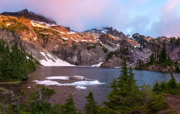 Картинка лед, небо, облака, снег, деревья, горы, природа, озеро, скалы, Канада