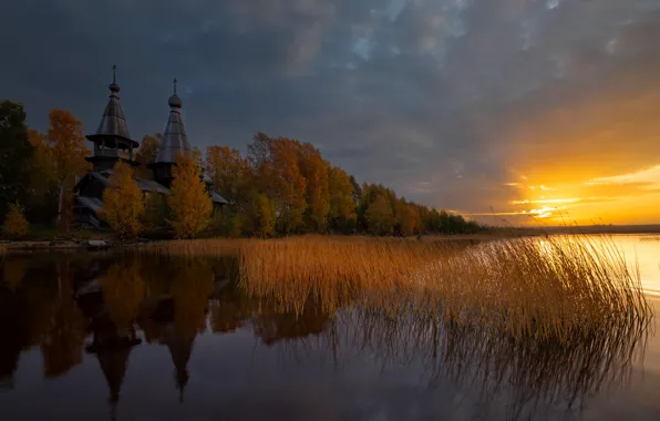 Картинка осень, пейзаж, природа, озеро, рассвет, утро, церковь, леса, Онега