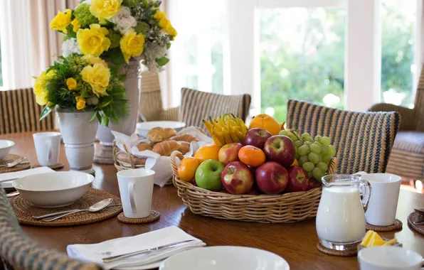 Картинка цветы, стол, молоко, фрукты, вазы, сервировка, круасаны