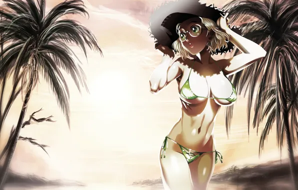 Картинка beach, panties, green eyes, boobs, sunset, blonde, bikini, palms, sunglasses, anime girl