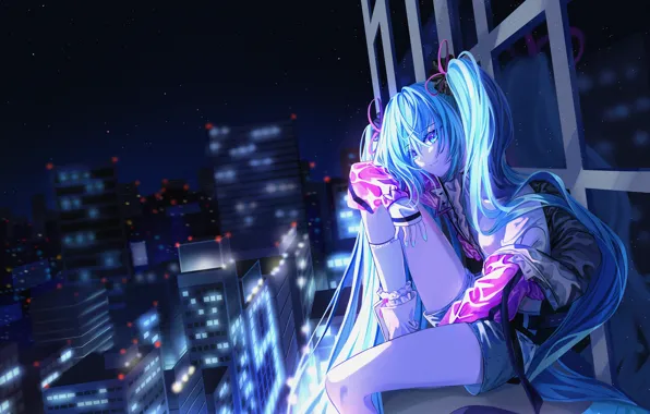 Картинка девушка, ночь, город, Hatsune Miku, Vocaloid