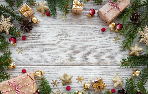 Картинка украшения, шары, Рождество, подарки, Новый год, christmas, new year, wood, merry, decoration, frame, gift box, …
