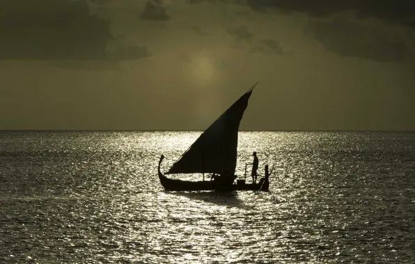 Картинка океан, лодка, утро, парус, рыбаки, силуэты, Dhoni, GR Sailing