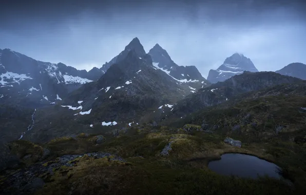 Картинка небо, снег, горы, тучи, природа, озеро, скалы, Норвегия, Norway