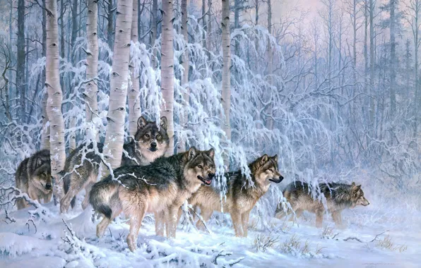 Картинка зима, иней, лес, снег, ветки, стая, картина, мороз, арт, волки, живопись, Larry Fanning