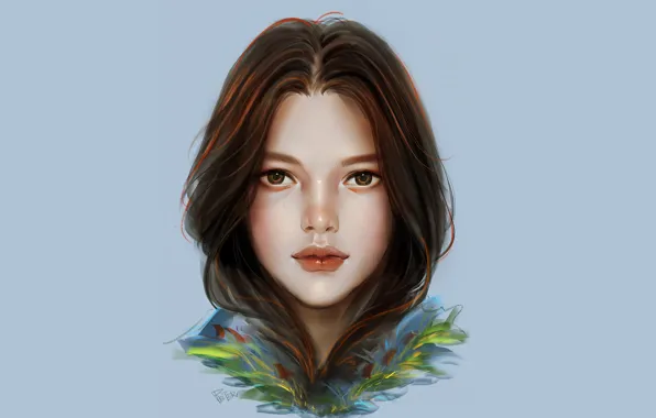 Картинка лицо, губки, голубой фон, карие глаза, портрет девушки