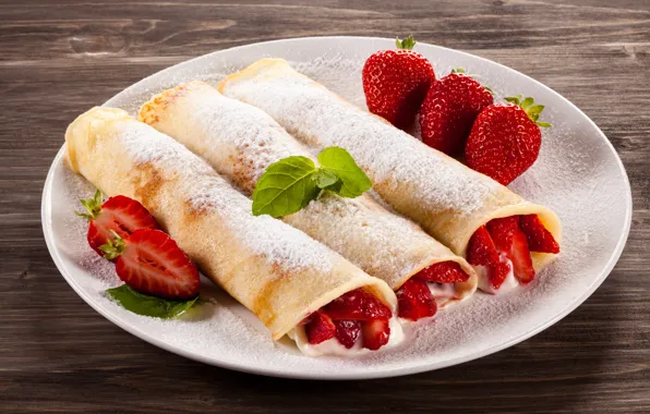 Картинка ягоды, завтрак, клубника, мята, Strawberry, dessert, сахарная пудра, pancake