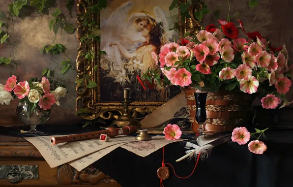 Картинка цветы, стиль, ноты, перо, картина, натюрморт, петунии, дудочка, Андрей Морозов