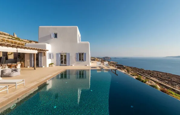 Картинка дом, бассейн, Греция, архитектура, вид на море, терраса, Миконос, Blue Villa, by Mykonos Architects