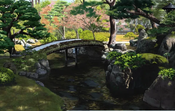 Картинка парк, ручей, Япония, деревянный мост, зелень листьев, летний день, камни в воде, by Sasaki112