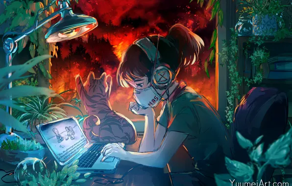 Картинка лес, кошка, девушка, пожар, наушники, маска, окно, ноутбук, by Yuu