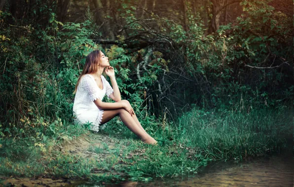 Картинка лето, девушка, природа, поза, река, платье, Renat Fotov