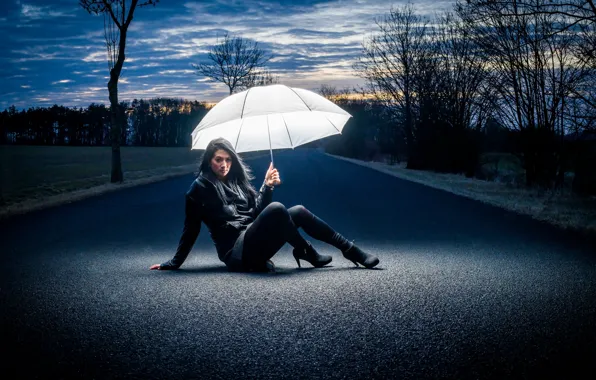 Картинка дорога, девушка, зонт