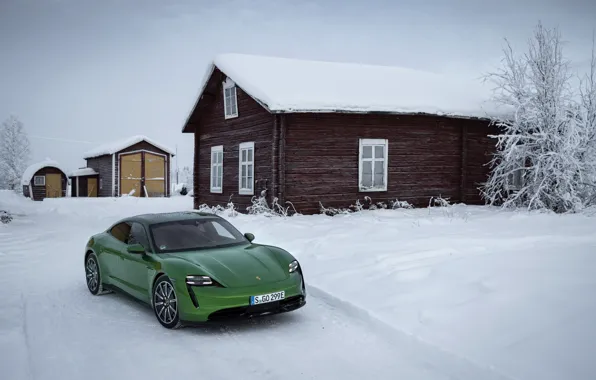 Картинка снег, Porsche, зелёный, 2020, у дома, Taycan, Taycan 4S