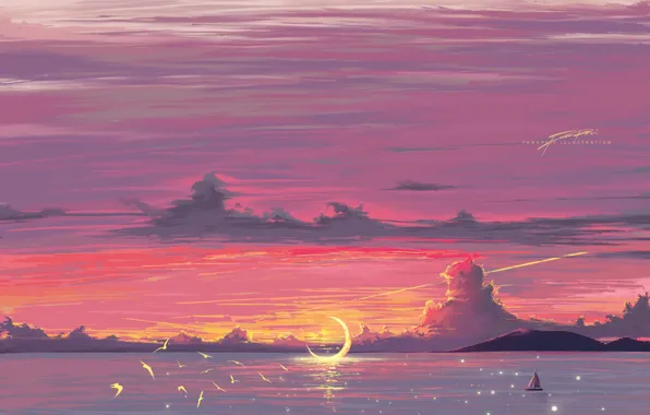 Картинка море, небо, закат, птицы, парусник, фэнтези, полумесяц