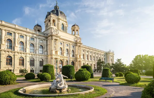 Картинка Австрия, фонтан, кусты, дворец, Вена, Музей естествознания, Тритон и наяды