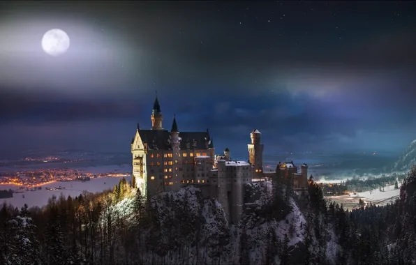 Картинка ночь, Луна, Бавария, Neuschwanstein, Moon, night, Bavaria