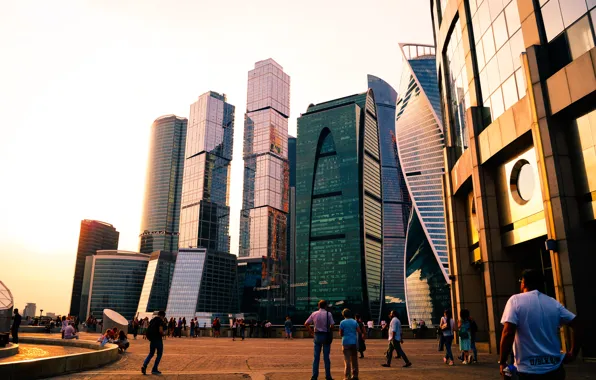 Картинка city, light, summer, sky, blue, panorama, beautiful, view, skyscraper, clouds, sun, Moscow, horizon, architecture, building, …
