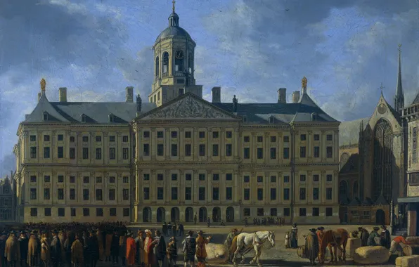 Картинка масло, картина, холст, городской пейзаж, 1672, Геррит Адриансзон Беркхейде, Gerrit Adriaenszoon Berckheyde, Ратуша на площади …