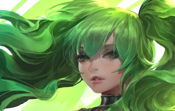 Картинка лицо, vocaloid, hatsune miku, зеленые волосы, art, sanmufan