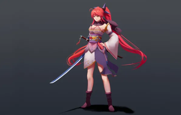 Картинка девушка, меч, серый фон, красные волосы