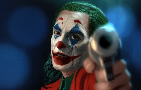 Картинка оружие, слезы, Джокер, Joker, размытый фон, грим, дуло пистолета