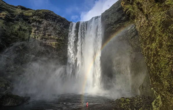 Картинка девушка, водопад, радуга, Исландия