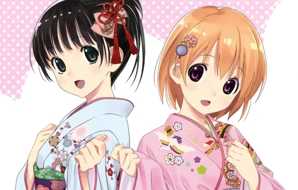 Картинка прическа, кимоно, челка, цветок в волосах, большие глаза, две девочки, цветочный рисунок, by koutaro