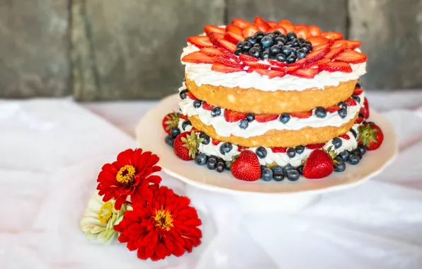 Картинка цветы, ягоды, черника, клубника, торт, красные, слои, крем, десерт, сладкое, композиция, циннии