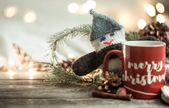 Картинка зима, украшения, чай, шарф, Рождество, кружка, Новый год, new year, Christmas, винтаж, winter, cup, bokeh, …