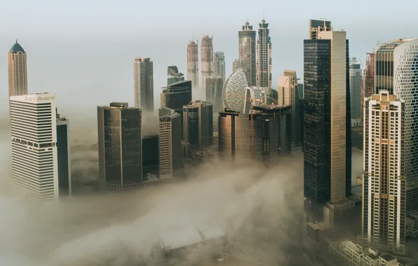 Картинка город, туман, стройка, здания, утро, Dubai