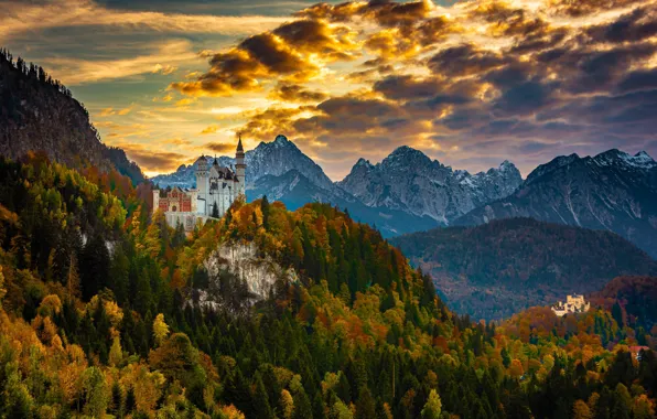 Картинка осень, лес, горы, замок, Германия, Бавария, Germany, Bavaria, Neuschwanstein Castle, Bavarian Alps, Баварские Альпы, Замок …