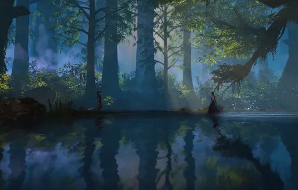 Картинка лес, озеро, самураи