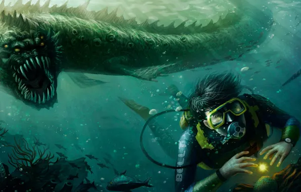 Картинка свет, аквалангист, под водой, морское дно, морское чудовище