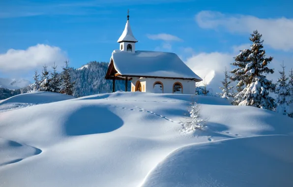 Картинка зима, снег, горы, Австрия, часовня