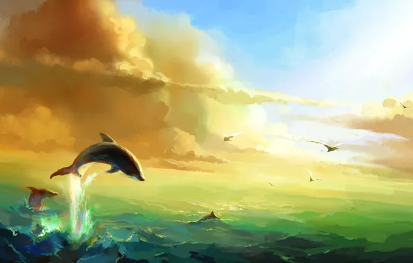 Картинка Солнце, Облака, Море, Чайки, Дельфины