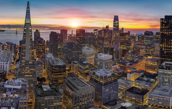 Картинка закат, здания, дома, Калифорния, панорама, залив, Сан-Франциско, небоскрёбы, California, San Francisco, San Francisco Bay, Залив …