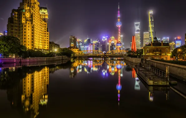 Картинка мост, город, огни, China, здания, Китай, Shanghai, Шанхай, ночной город, пирсы, Пристань