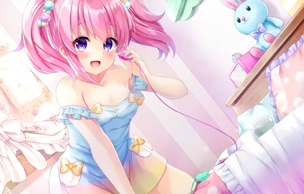 Картинка девушка, кровать, розовые волосы
