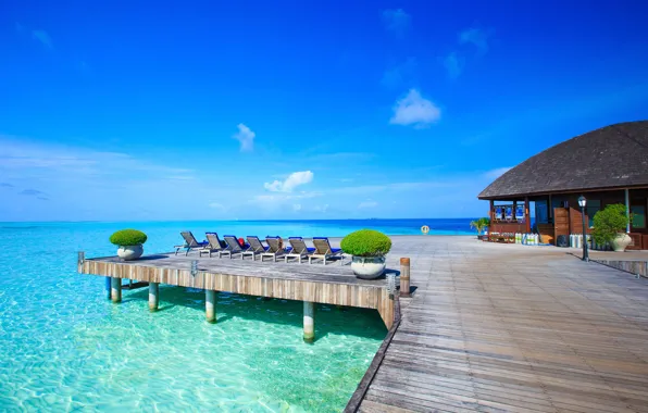 Картинка море, небо, солнце, тропики, горизонт, Мальдивы, курорт, лежаки, шезлонги