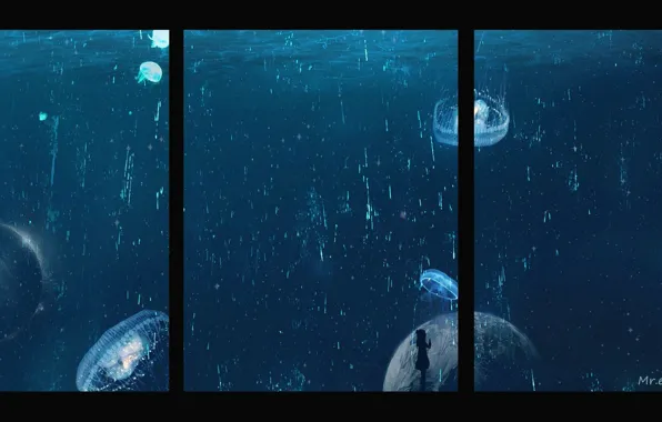 Картинка аквариум, медузы, девочка, в темноте, пузырьки воздуха, океанариум
