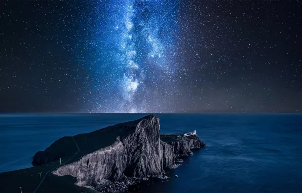 Картинка море, звёзды, Шотландия, Млечный Путь, остров Скай, маяк Neist Point