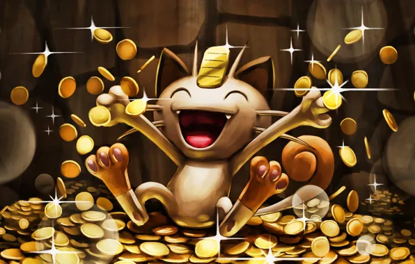 Картинка кот, деньги, монеты, cat, money, покемон, pokemon, мяут, meowth