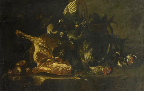Картинка масло, картина, холст, 1671, Натюрморт с Мясом и Мертвыми Птицами, Christoffel Puytlinck